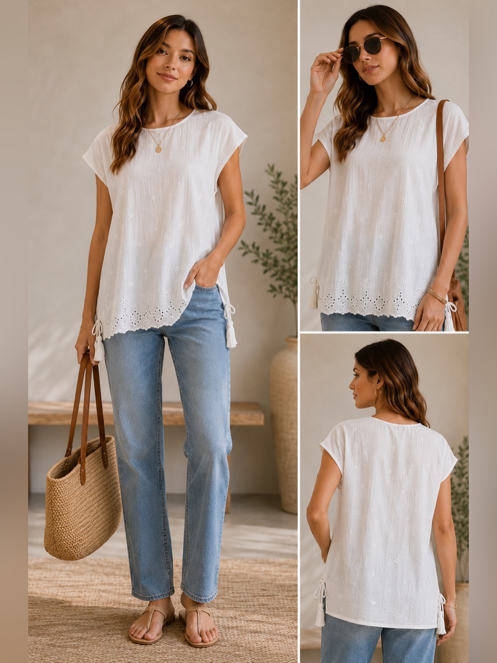 GB Girls White Eyelet Tassel Tunic Blouse Boho Peasant Top Sz‎ M